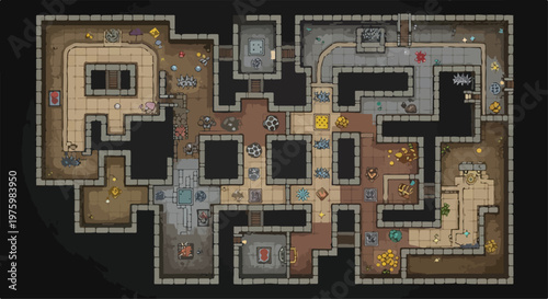 Fantasy dungeon map vector illustration, top down tabletop rpg game level design with stone corridors and treasure rooms, medieval underground castle floor plan layout isolated PNG with