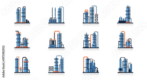 Oil Refinery Plant Icons - Chemical Processing and Industrial Infrastructure.