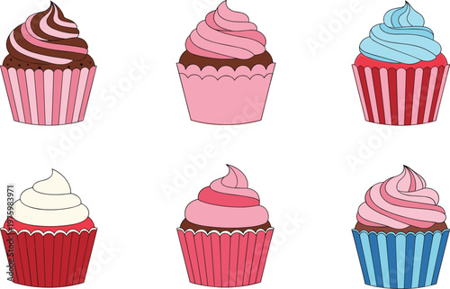 Colorful Cupcake Collection with Cream Frosting for Bakery, Dessert, and Sweet Food Vector Illustration Designs