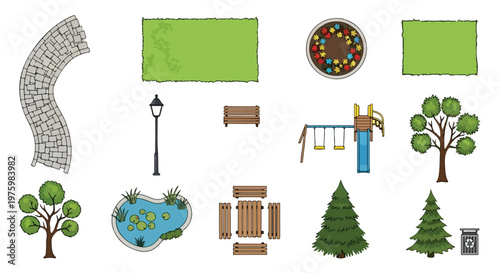 Landscape design elements set for park and garden planning, outdoor recreation map icons with playground equipment, trees and pond, architectural vector kit for urban site layout isolated PNG