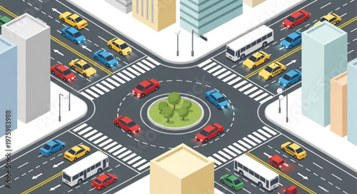 Isometric City Roundabout with Cars and Buses Traffic Illustration.