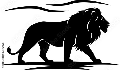 Wild animal predator and african safari wildlife icon featuring a simple black silhouette of a majestic lion walking in profile – Black and White Vector Illustration