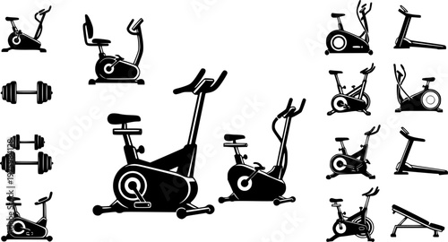 Fitness gym equipment and indoor cycling workout icon set featuring simple black silhouettes of stationary exercise bikes in a grid – Black and White Vector Illustration