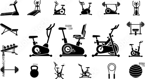 Fitness gym equipment and indoor cycling workout icon set featuring simple black silhouettes of stationary exercise bikes in a grid – Black and White Vector Illustration