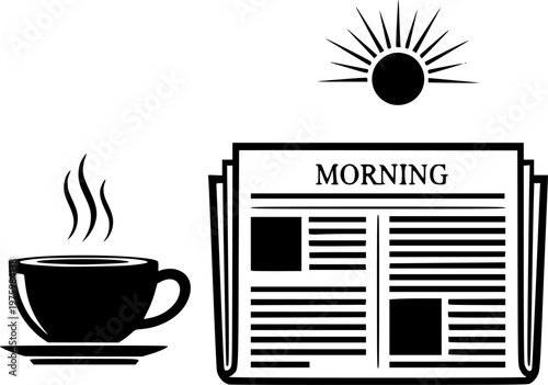 Morning news reading and relaxation routine icon set featuring simple black silhouettes of an open newspaper coffee cup and sun – Black and White Vector Illustration
