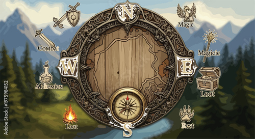 Fantasy RPG game interface with ornate wooden compass and map icons, medieval adventure user interface elements for quest tracking, vintage gaming hud vector illustration isolated PNG with