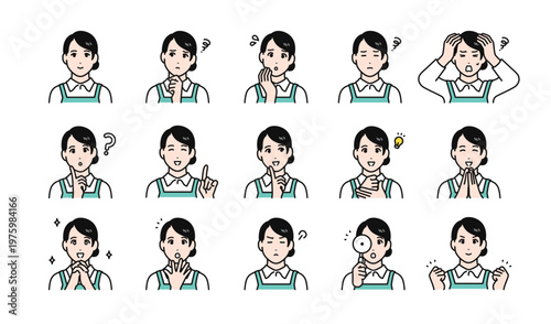 エプロン姿の女性スタッフの様々な表情バリエーションセット