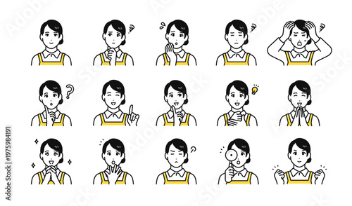 エプロン 女性スタッフ表情バリエーション ベクターアイコンイラスト素材セット