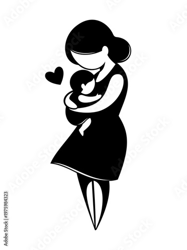 Black silhouette of a mother holding her baby with a heart symbol