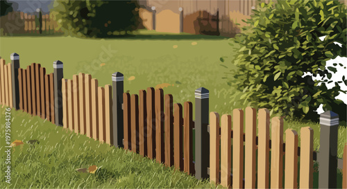 Rustic wooden garden fence with decorative posts on green lawn, traditional timber picket fencing for backyard landscaping, outdoor boundary wall for residential property isolated PNG with