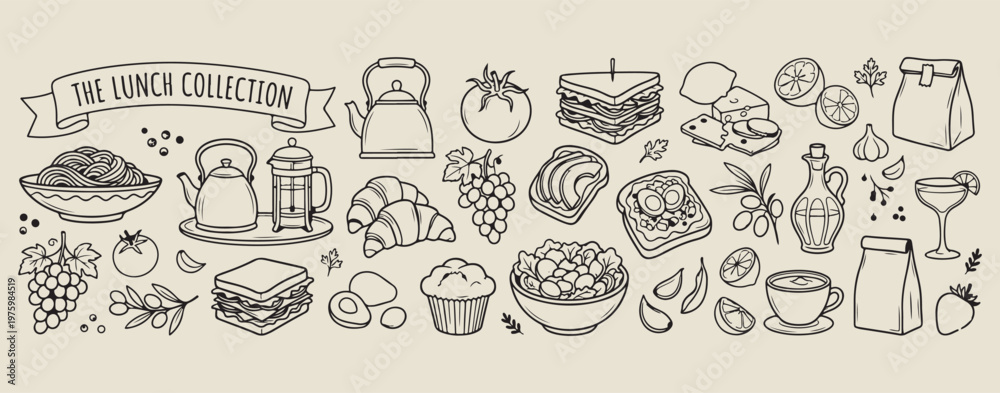 Obraz premium hand drawn breakfast food doodles, aesthetic cafe menu sketches, kitchen culinary line art, healthy breakfast icons set, croissant and coffee drawings, minimal food scrapbook elements, creative snack 