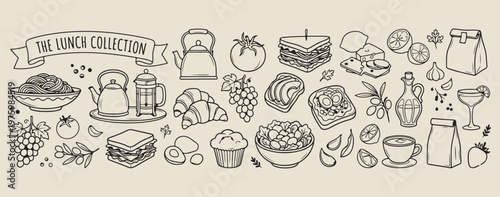 hand drawn breakfast food doodles, aesthetic cafe menu sketches, kitchen culinary line art, healthy breakfast icons set, croissant and coffee drawings, minimal food scrapbook elements, creative snack 