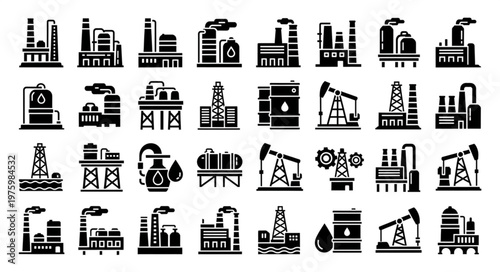 Collection of Industrial Plant and Oil Industry Icons in Silhouette Style.