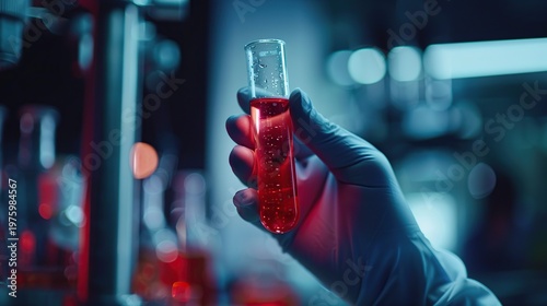 Advanced Scientific Experiment Scene with Researcher Holding Liquid Sample in Laboratory Setting