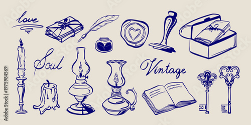 Hand drawn vintage set with antique objects and romantic elements. Collection with candles, oil lamps, keys, letters, book, and feather pen. Retro nostalgic vector clipart.