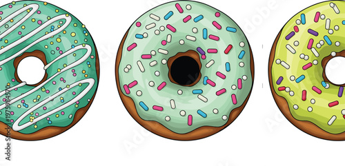 Colorful Donuts with Sprinkles and Icing Set for Bakery, Dessert, and Sweet Food Vector Illustration Designs