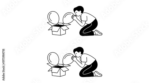 Person blowing up balloons placed inside a box, indicating the setup for a celebration