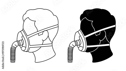 Close-up profile of a human head wearing a breathing apparatus mask, shown in black and white outlines