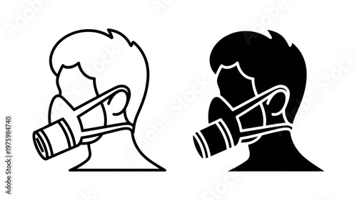 An illustration of a human head wearing a protective filtering respirator mask for safety.