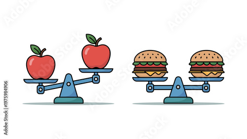 Two traditional balance scales illustrate the comparative weight of healthy apples versus indulgent burgers.