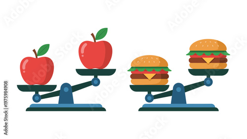 Flat design balance scales demonstrate a clear choice between wholesome apples and less healthy burgers.