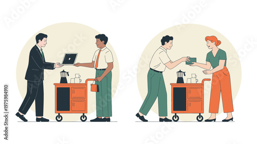 Two distinct business scenarios illustrate collaboration and service around a mobile coffee cart.