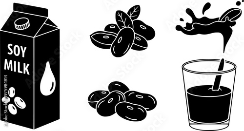 Vegan plant based dairy free beverage icon set featuring simple black silhouettes of a soy milk carton soybeans and a glass with a splash – Black and White Vector Illustration