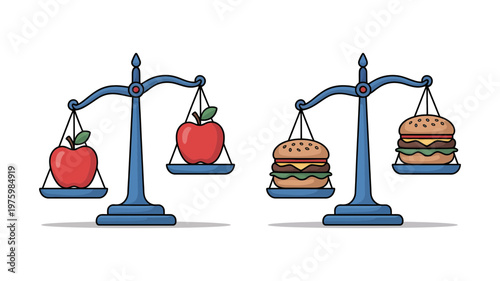 Outline style balance scales visually contrast the perceived equivalence of healthy apples and indulgent burgers.