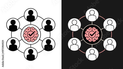 A vibrant brain with a checkmark encircled by figures visually represents successful collective intelligence and teamwork.