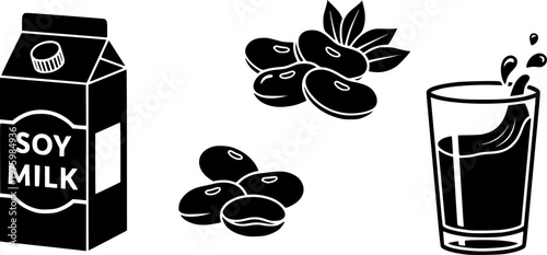Vegan plant based dairy free beverage icon set featuring simple black silhouettes of a soy milk carton soybeans and a glass with a splash – Black and White Vector Illustration