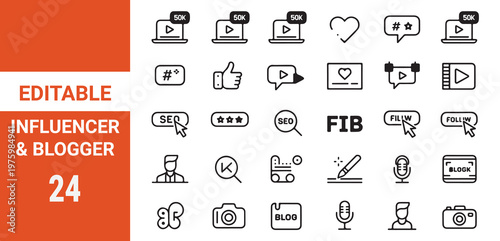 Influencer and blogging line icons collection. Big UI icon set in a flat design.