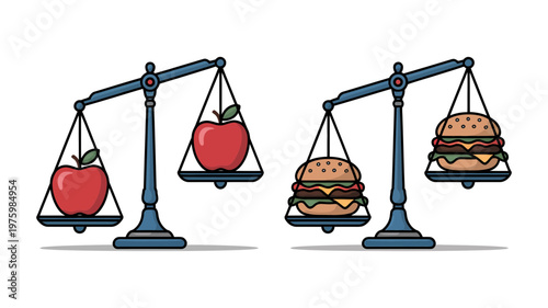 A visual comparison using two balance scales highlights the choice between fresh apples and indulgent burgers.