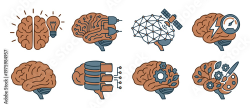 Brain Icons Set Artificial Intelligence Technology Concepts for Digital Business Strategy Infographics Creative Thinking Process Vector Illustration with Neural Network Data Management Innovation Symb