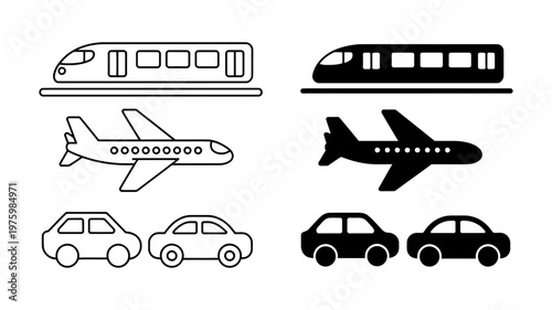 A clear collection of major transportation methods, including a train, a plane, and two cars, shown in both outline and solid designs.