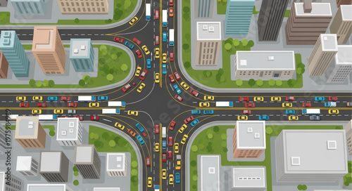 Aerial View of Busy City Intersection with Heavy Traffic.