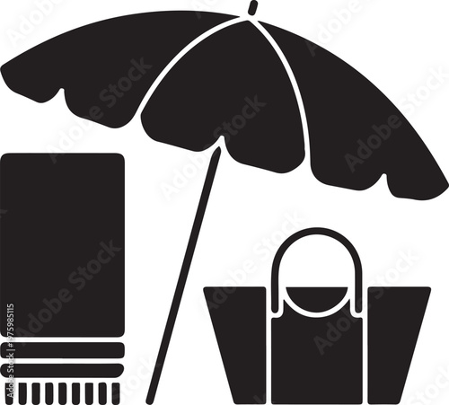 Beach Essentials Umbrella Towel Bag Summer Vacation Minimal Silhouette Design
