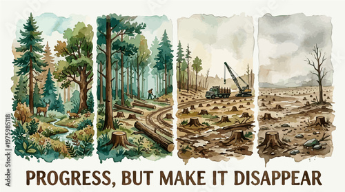 Sequential Watercolor Panels Depicting Deforestation and Environmental Degradation, with Text "PROGRESS, BUT MAKE IT DISAPPEAR"