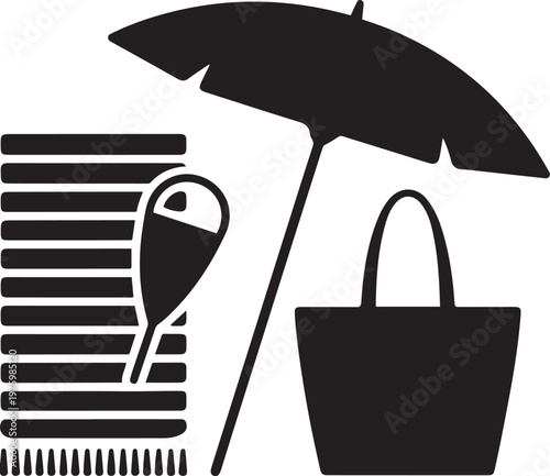 Beach Essentials Umbrella Towel Bag Summer Vacation Minimal Silhouette Design
