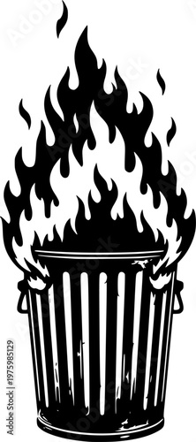 Burning trash can depicted in a striking black silhouette – Black Vector Illustration