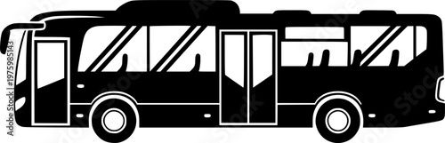 Urban public transport and city commute vehicle icon featuring a simple black silhouette of a bus in side view – Black and White Vector Illustration