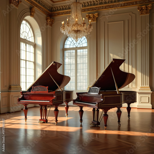 Two grand pianos sit ready for concert in ornate hall. Sunlight streams through large windows illuminating polished wood floors. Elegant room features crystal chandelier ornate decor.