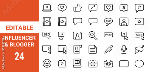 Influencer and blogging line icons collection. Big UI icon set in a flat design.