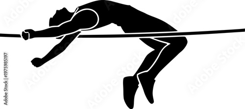 Track and field athletics competition and professional sports performance icon featuring a simple black silhouette of an athlete leaping over a high jump bar – Black and White Vector Illustration