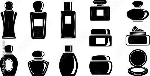 Luxury fragrance products and beauty cosmetics packaging icon set featuring simple black silhouettes of various perfume bottles – Black and White Vector Illustration
