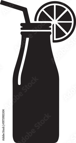 Fresh Lemon Soda Drink Icon Minimal Beverage Glass Bottle with Straw Citrus Refreshment Design

