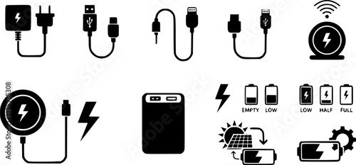 Charging icons including adapters battery and power indicators silhouette – Black Vector Illustration