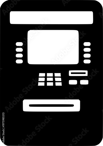 Automated teller machine and financial banking transaction terminal icon featuring a simple black silhouette of an ATM – Black and White Vector Illustration