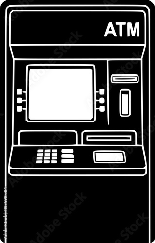 Automated teller machine and financial banking transaction terminal icon featuring a simple black silhouette of an ATM – Black and White Vector Illustration