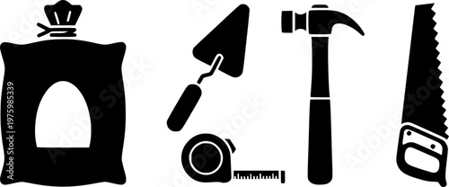 Industrial construction materials and masonry building equipment icon set featuring a simple black silhouette of a cement sack and tools – Black and White Vector Illustration