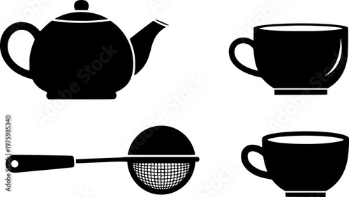 Traditional tea ceremony and kitchenware beverage equipment icon set featuring simple black silhouettes of a teapot, cup, and strainer – Black and White Vector Illustration